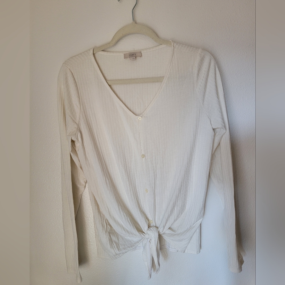 Loft White Button-Down V-Neck Shirt